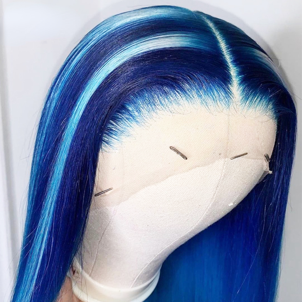 Long Soft Blue Lace Front Human Hair Wigs For Women Straight HD Transparent Lace Frontal Wig Synthetic Front Lace Wig PrePlucked
