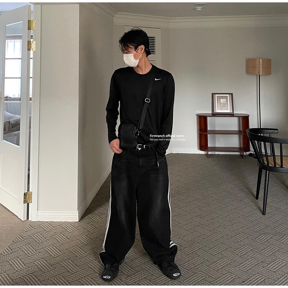 Men's Jeans Firmranch 2023 Black Baggy For Men Women 2 White Stich Mopping Flared Denim Pants Streetwear 230419