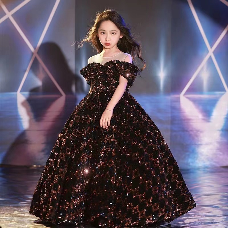 2023 sequined Flower Girl Dresses With Gold Vintage Wedding Party Tutu Kids Birthday party Dresses Kids Girls Pageant Dress off shoulder First Communi