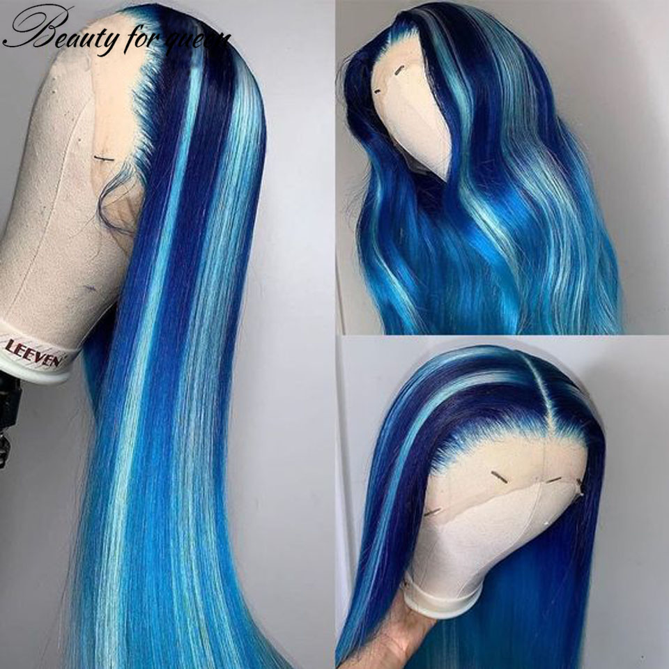 Long Soft Blue Lace Front Human Hair Wigs For Women Straight HD Transparent Lace Frontal Wig Synthetic Front Lace Wig PrePlucked