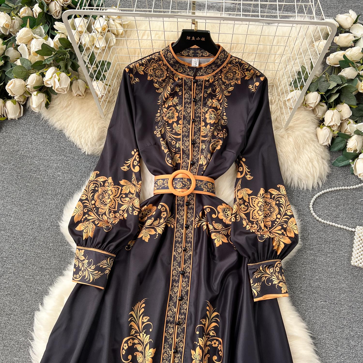 Dresses New Fashion Runway Red And White Porcelain Dress Women's Stand Long Lantern Sleeve Blue Ral Print Shirt Robe Vestidos