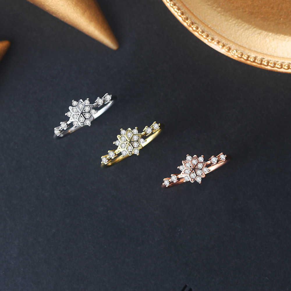Band Rings ZHOUYANG Snowflake Rings For Women Korean Cute Zircon Light Gold Color Wedding Ring Wholesale Jewelry Christmas Gift KCR093