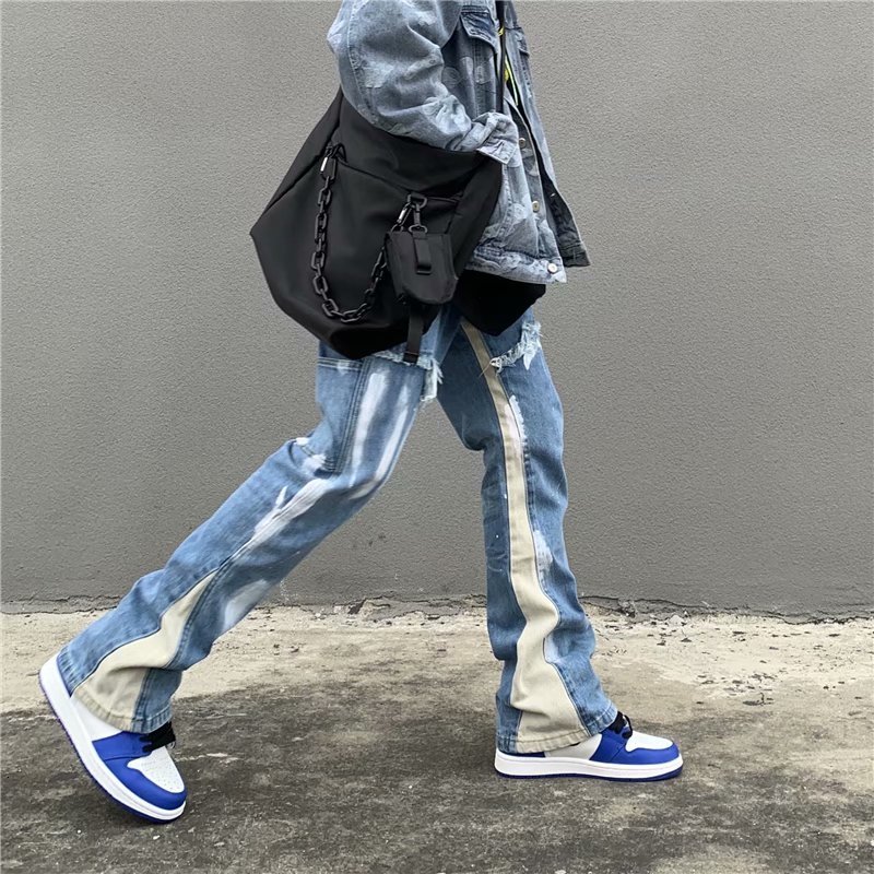 Mens Jeans Vibe Style Patchwork Washed Baggy Men Flare Pants Color Block Straight Loose Vintage Denim Trousers Pantalones Hombre 230419