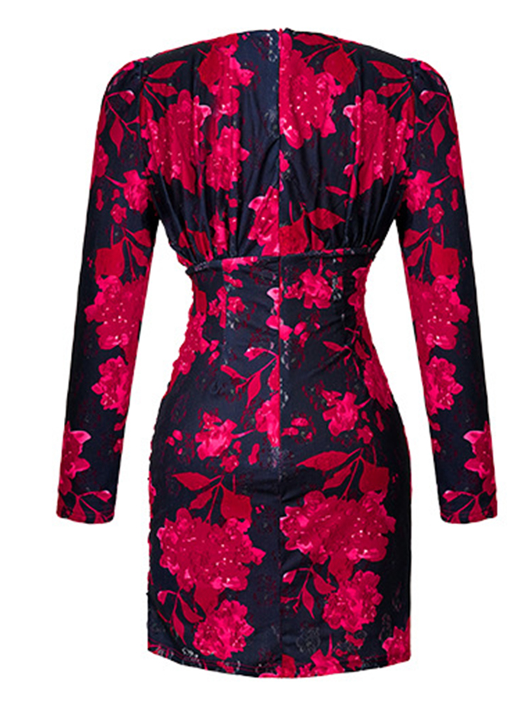 Casual Dresses Womens Fashion French Retro Mini Dress Woman Print Elastic Long Sleeve Pleated Wrap Hip Short Gown Bottom Bodycon Party Vestido