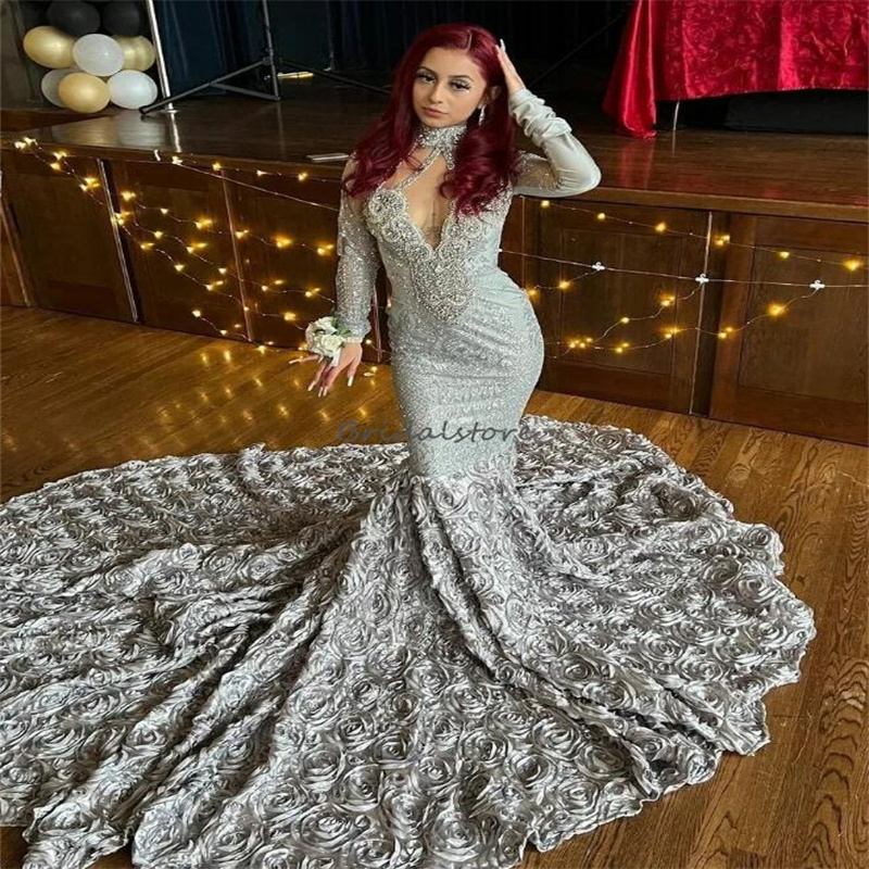 Gorgeous 3D Florals Prom Dress 2023 Black girls Fishtail Formal Occasion Birthday Dresses Long Sleeve Beaded Party Gowns Elegant Vestidos De Noche Gal