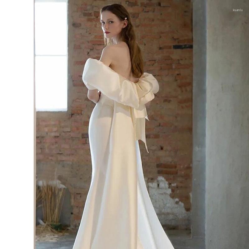 Casual Dresses White Sexy Slash Neck Evening Dress Tierred Bridal Wedding French Satin Mermaid Formal Party Women Chest Wrap