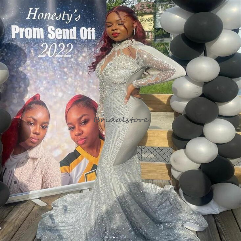 Luxury Sequin Aso Ebi Prom Dress For Black Girls Sparkly Long Sleeve Mermaid Plus Size Evening Dresses Birthday Formal Occasion South African vestidos