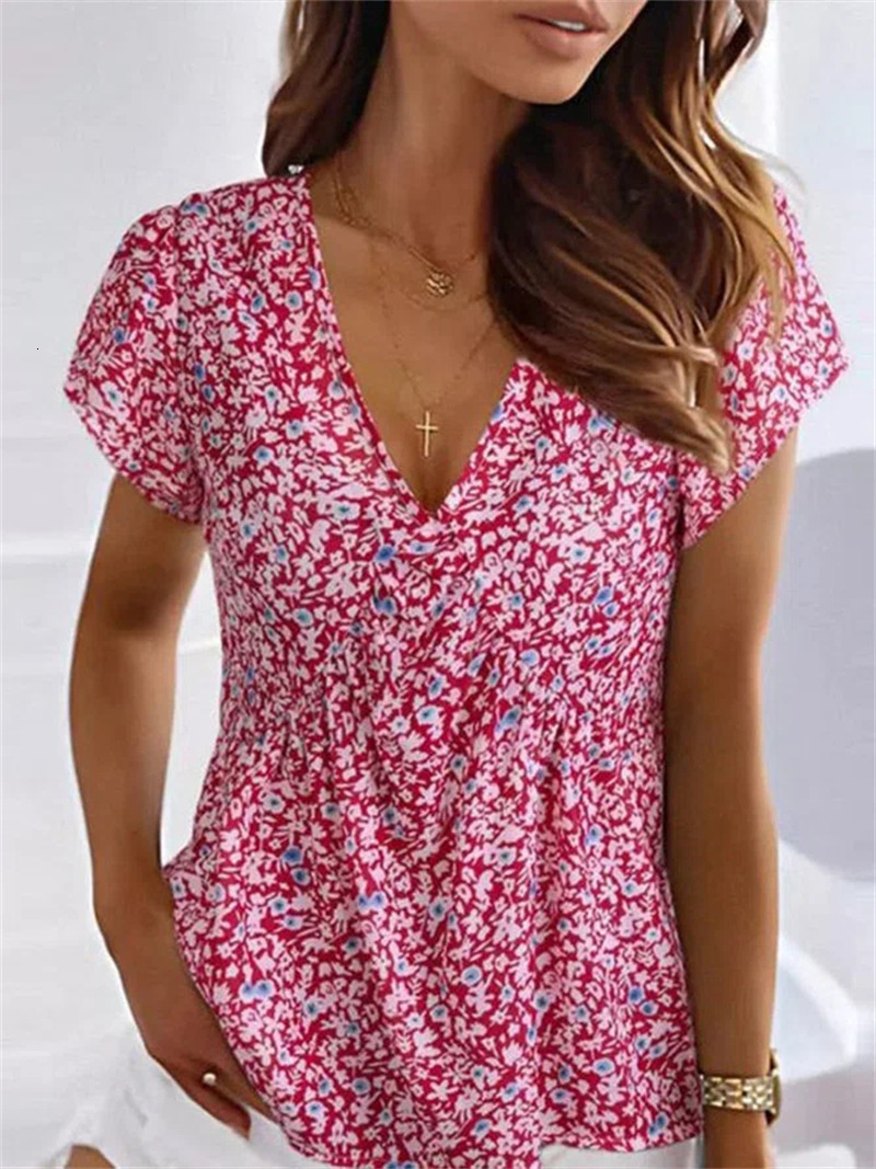 Womens TShirt Elegant Small Flower Print Deep V Neck Comfortable Casual Short Sleeve Tees Female Summer Fresh Sweet Style Tops 230419