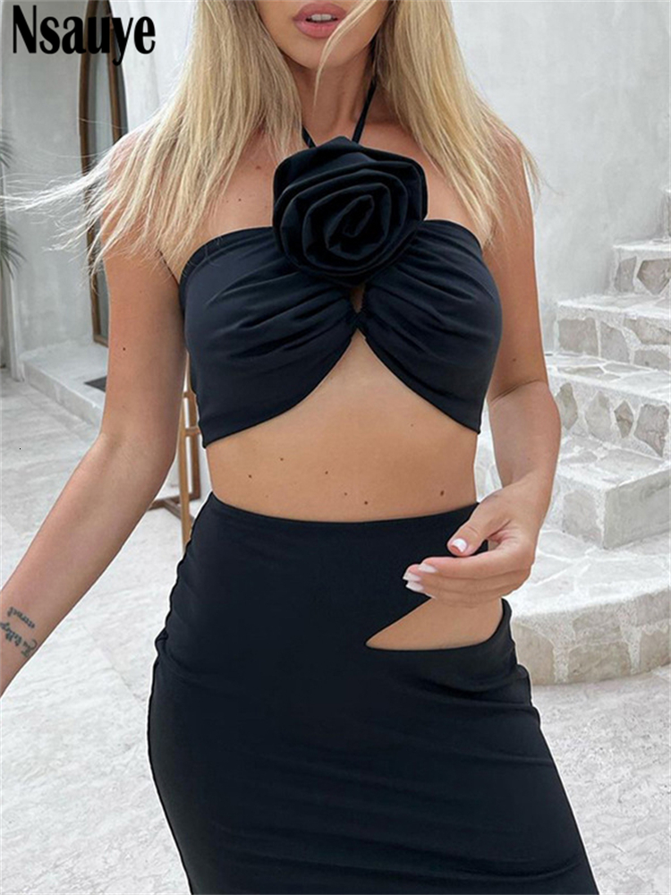 Two Piece Dress Nsauye Summer Casual Beach Women Sexy Club Skirt Suit Hollow Out Skinny Halter Crop Tops And Long Wrap Set 2023 230419