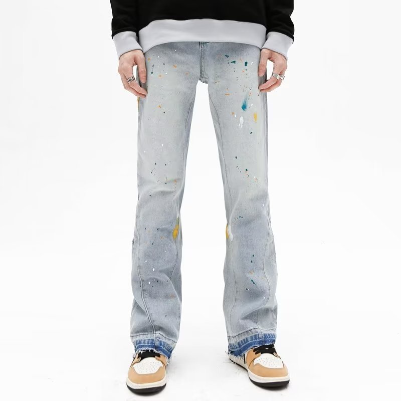 Mens Jeans Fashion Splash Ink Graffiti Vintage Baggy Men Flare Pants Elegant Washed Blue Hip Hop Denim Trousers Ropa Hombre 230419