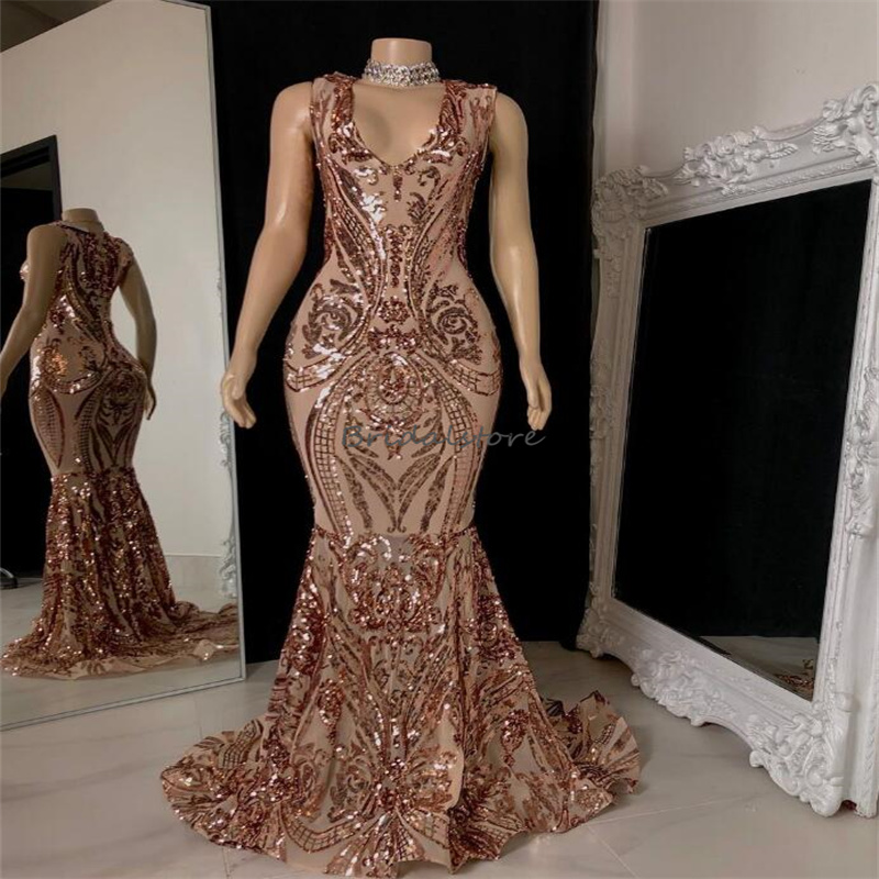 Sparkly Gold Sequin Prom Dress 2023 Sexy V Neck Mermaid Long Red Evening Gowns Elegant Formal Occasion Night Birthday Women Party Wear Luxury Vestidos