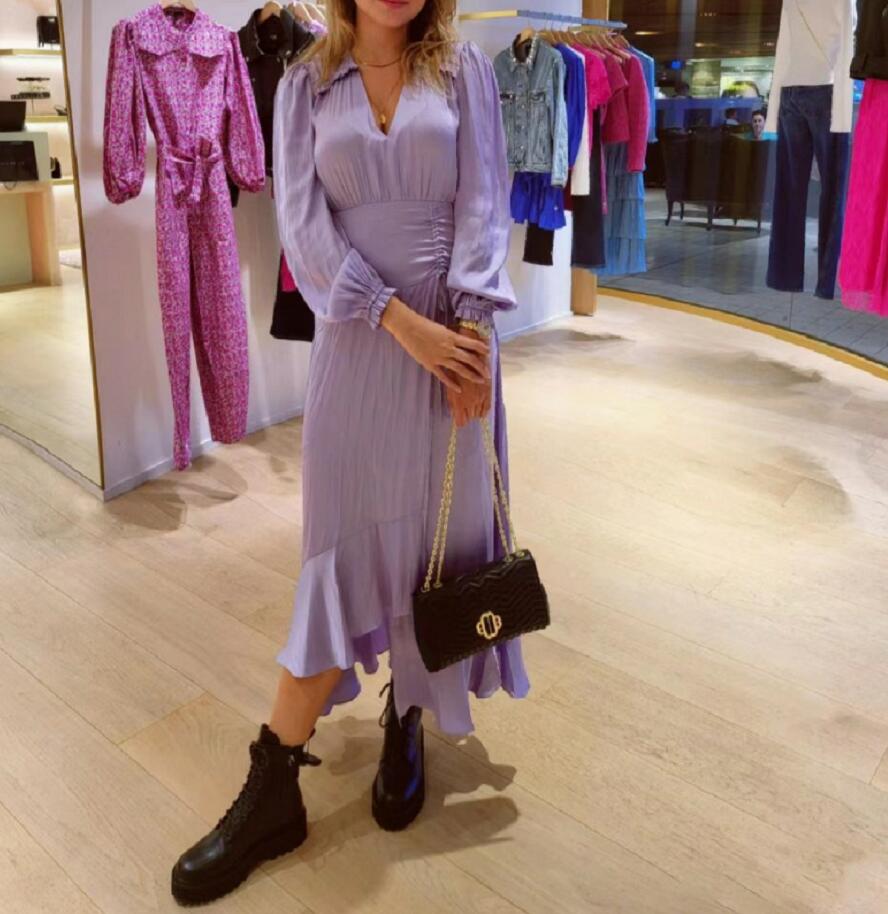 Casual Dresses Maje A-line Flare Dress Shriveled Ruffled Dip Hem Long Dress for Women