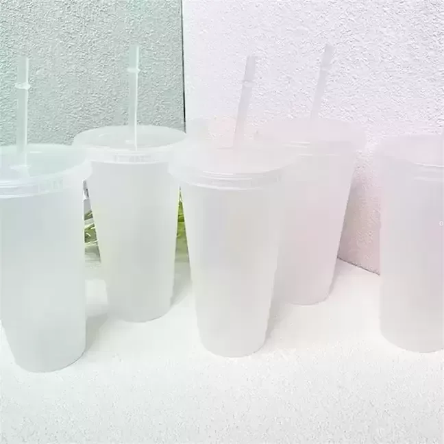 24oz Clear Cup Plastic Transparent Tumbler Summer Reusable Cold Drinking Coffee Juice Mug with Lid and Straw FY5305