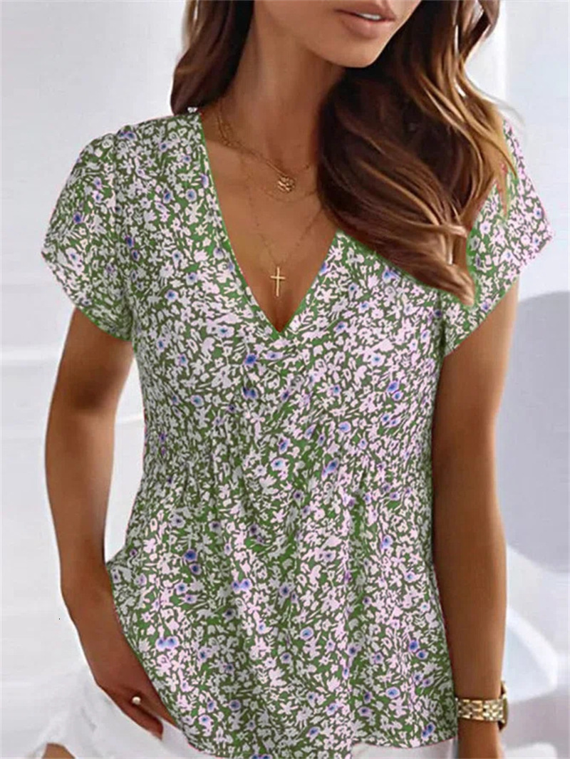 Womens TShirt Elegant Small Flower Print Deep V Neck Comfortable Casual Short Sleeve Tees Female Summer Fresh Sweet Style Tops 230419