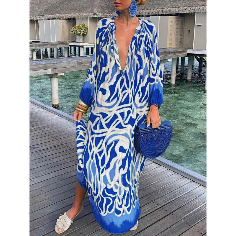 Casual Dresses Women Sexy Deep V-Neck Maxi Dresses Bohemian Lantern Sleeve Printed Long Dress Female Vintage Holiday Loose Beach Cover Up Robe 230419