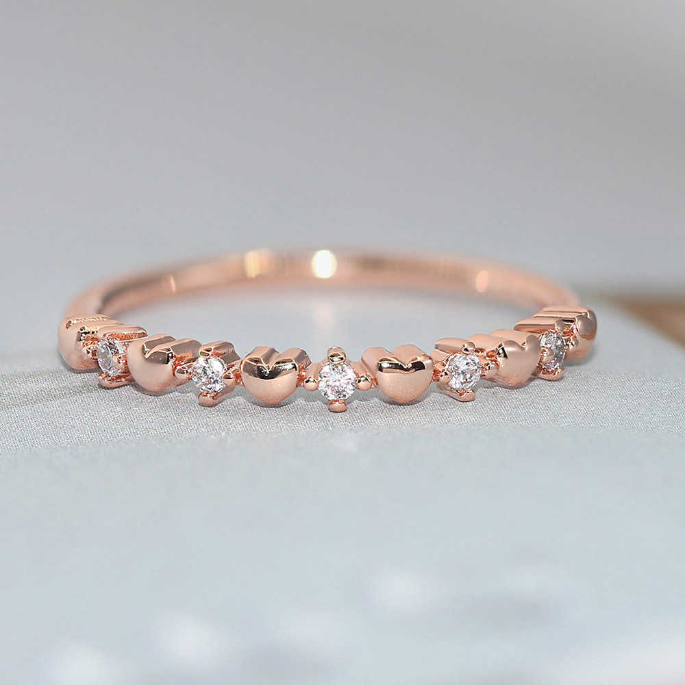 Band Rings Double Fair Thin Simple Heart Dainty Rings For Women Girls White Rose Gold Color CZ Trendy Daily Party Gift Fashion Jewelry R901