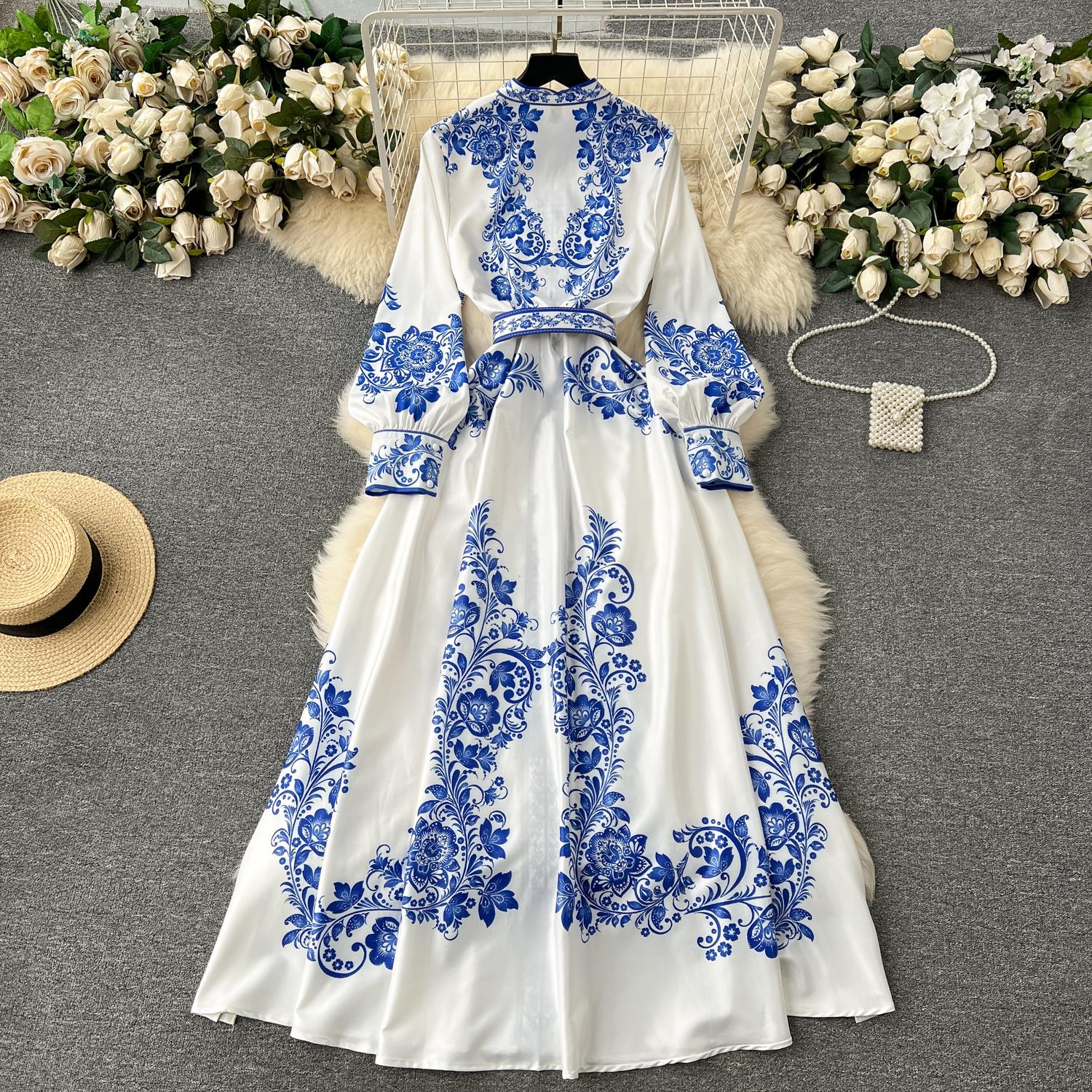 Dresses New Fashion Runway Red And White Porcelain Dress Women's Stand Long Lantern Sleeve Blue Ral Print Shirt Robe Vestidos