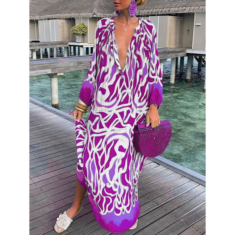 Casual Dresses Women Sexy Deep V-Neck Maxi Dresses Bohemian Lantern Sleeve Printed Long Dress Female Vintage Holiday Loose Beach Cover Up Robe 230419