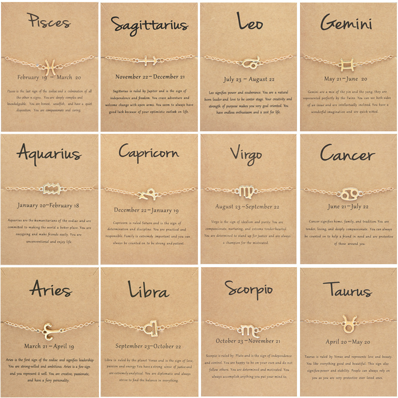 Zodiac Charm Bracelets 18K Gold Plated 12 Horoscope Link Bracelet Hand Chain Accessories Constellation Aries ,Cancer,Libra Jewelry Gift with Wish Card