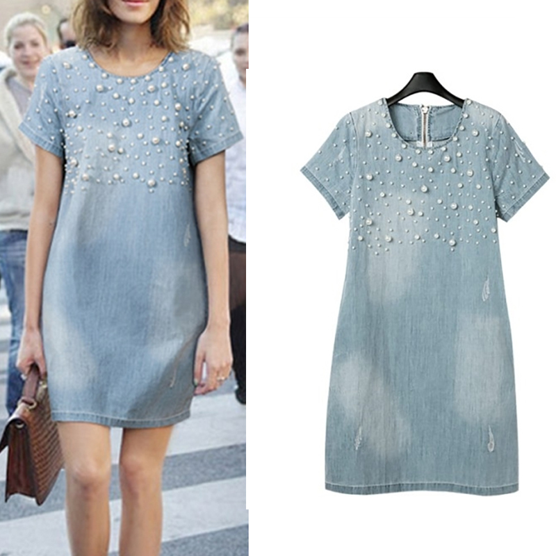 Casual Dresses Summer Loose Blue Jeans Dresses for Women Plus Size Short Sleeve O Neck Women Denim Dress Washed Vestidos 4XL 5XL 50 230419