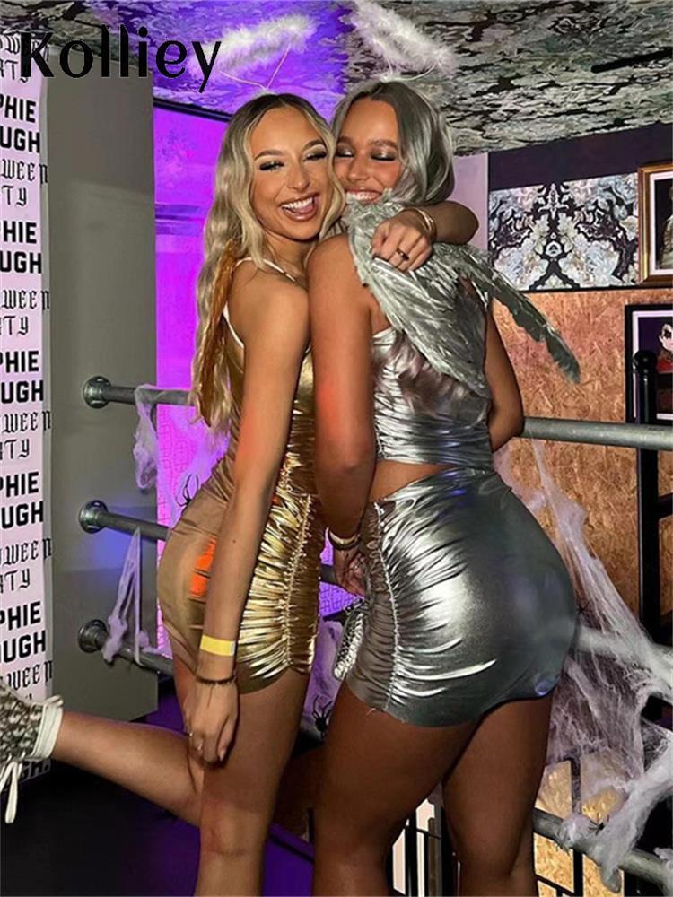 Two Piece Dress Kolliey Spring 2 Sets Club Outifits Pleated Skew Collar Sleeveless Crop Top Bodycon Skirts Gold Matching 230419