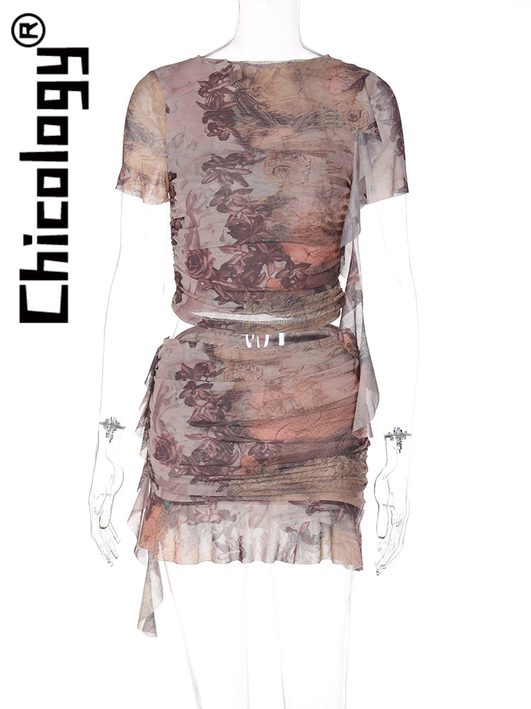 Two Piece Dress Chicology Mesh Sexy Flounces Tees Slim Printed 2 Skirt Sets Party Night Vacation Summer 2023 Clothes For Women Wholesale 230419