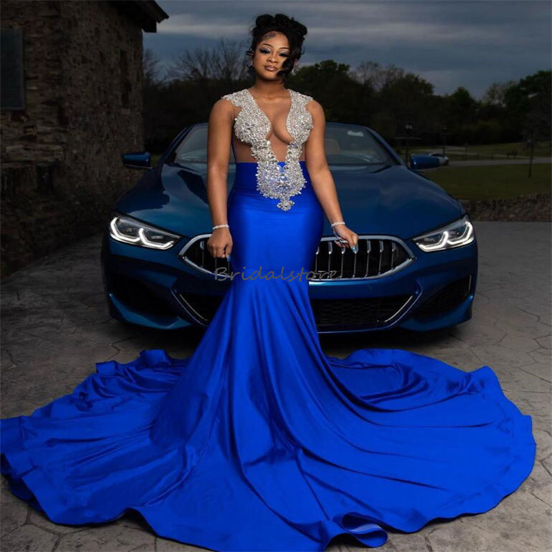 Black Girls Royal Blue Prom Dress Large Size With Crystal Aso Ebi Mermaid Satin Evening Gowns 2023 Elegant Birthday Women Trend robe de soiree Formal 