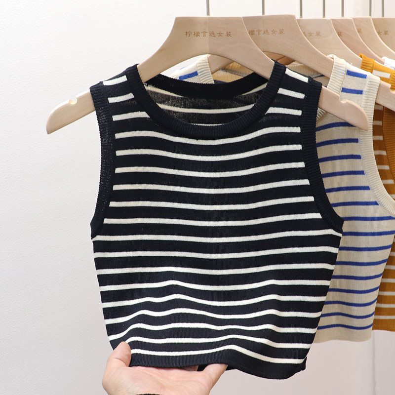 Women's Tanks Camis Striped Knitted Cropped Tank Tops Summer Women Round Collar Sleeveless Slim Stretch Knitwear Vests NFFS 28308 230419