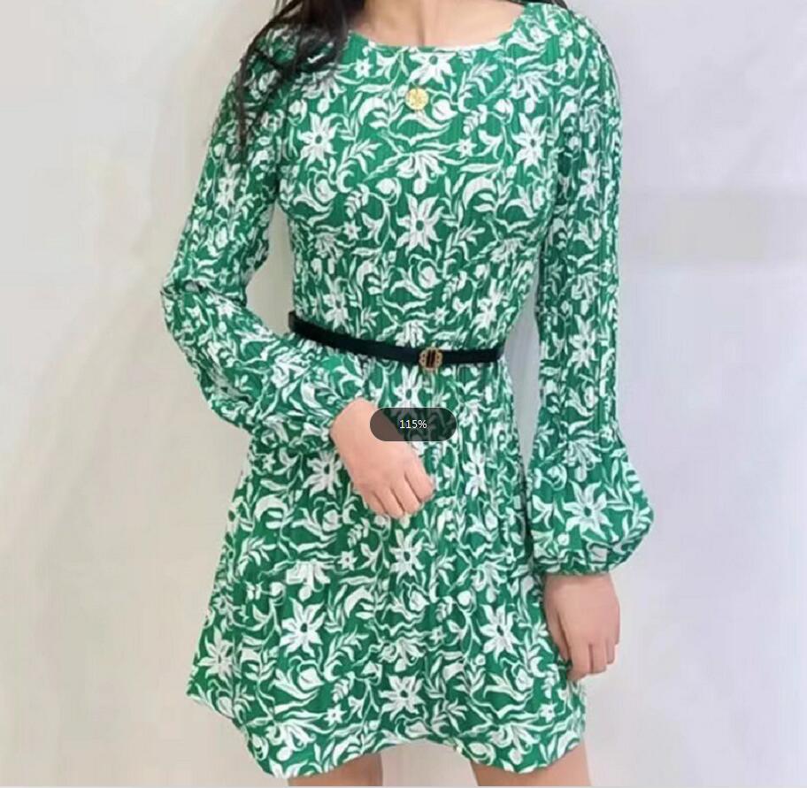 Casual Dresses Maje French Style green Dress Silhouette Floral Printed Pleated Dress for Women