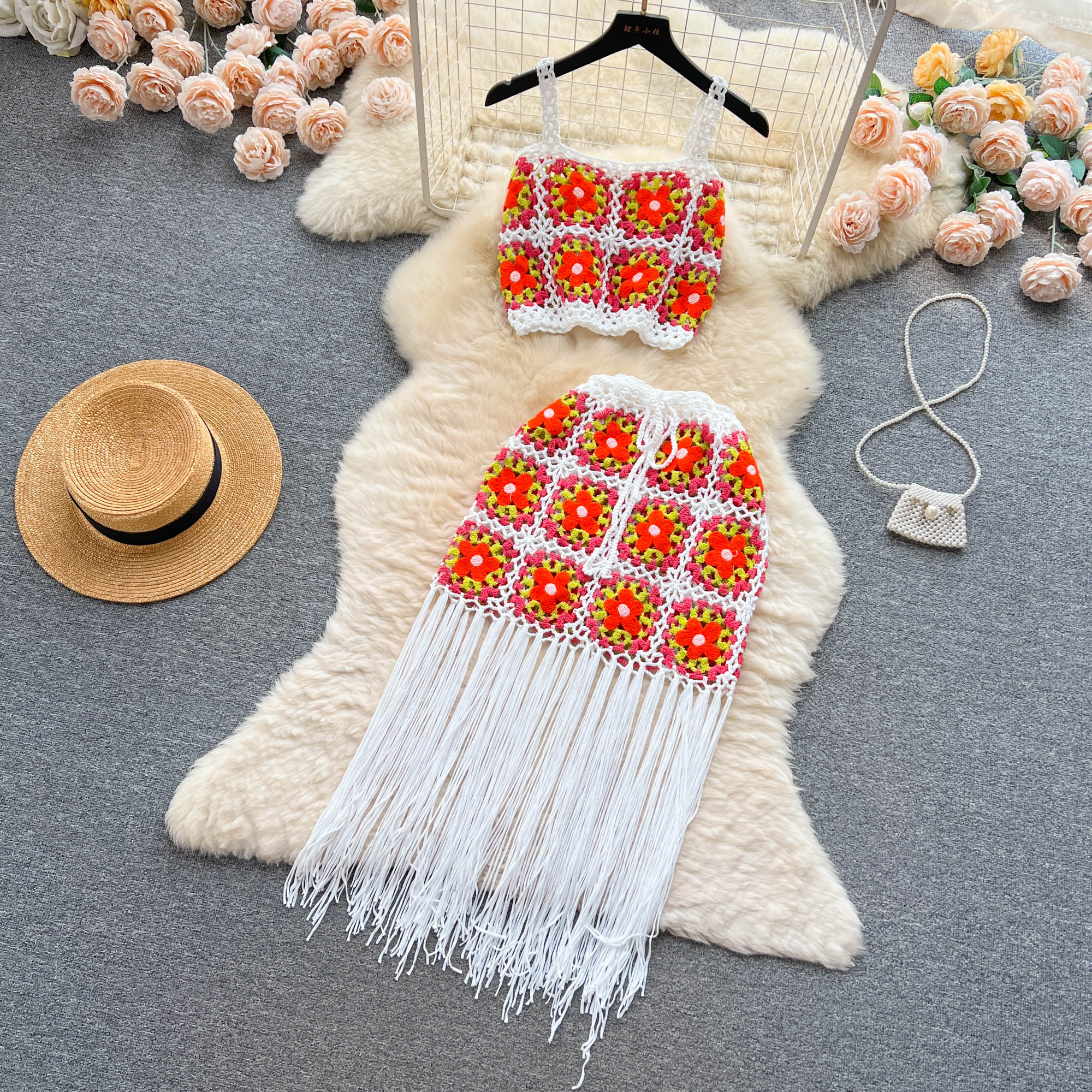 Two Piece Dress Hollow Out Bohemian Beach Sets Women Strap Floral Short Camisole+Sheer Long Skirt Knitted Vacation Two Pieces Suits 2024