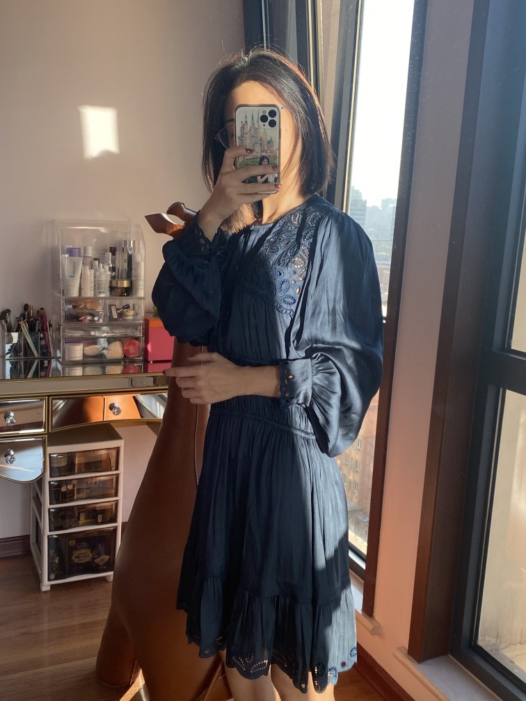 Casual Dresses Maje Round Neck Hollowed out Dress Long Sleeves Blue Short Dress for Women