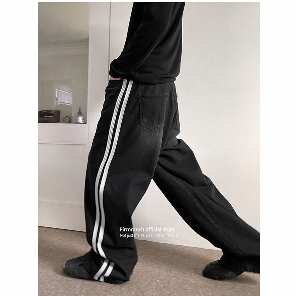 Men's Jeans Firmranch 2023 Black Baggy For Men Women 2 White Stich Mopping Flared Denim Pants Streetwear 230419