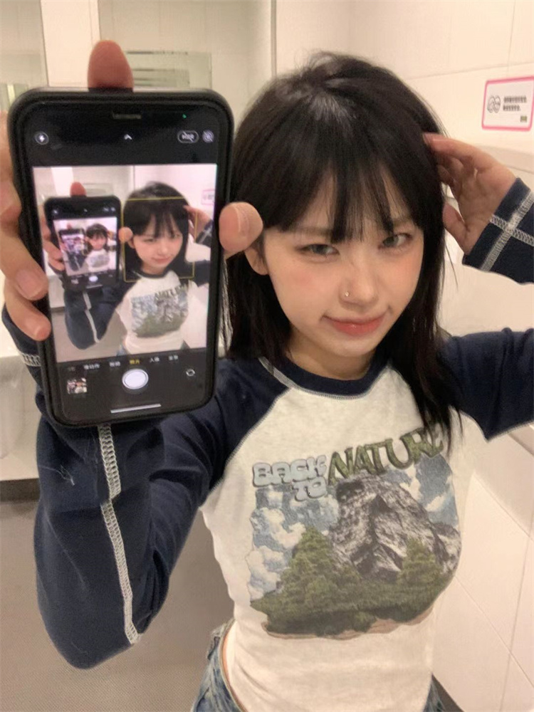 Womens TShirt QWEEK Cyber Y2K Long Sleeve T Shirt Women 90s Vintage Egirl Graphic Tees Korean Fashion Slim Harajuku Patchwork Pullover Top 230419