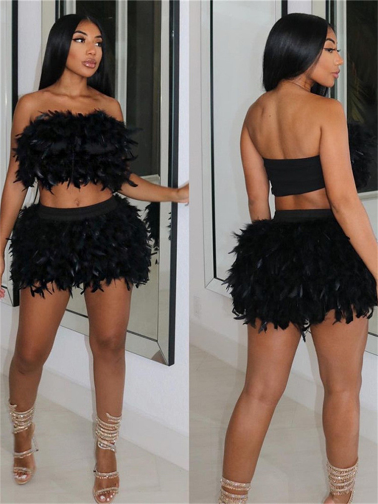 Feather 2 Piece Dress Set | Sexy Strapless Crop Top And Skirt Club Outfit