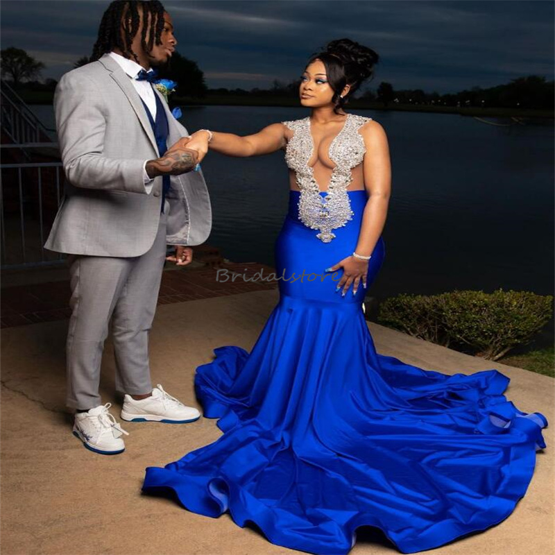 Black Girls Royal Blue Prom Dress Large Size With Crystal Aso Ebi Mermaid Satin Evening Gowns 2023 Elegant Birthday Women Trend robe de soiree Formal 