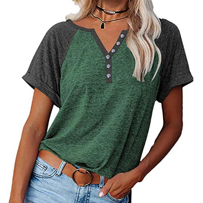 Womens TShirt Women Summer Fashion VNeck Stitching Top Short Sleeve Patchwork Color Button Casual Loose Comfortable Daily Tops 230419