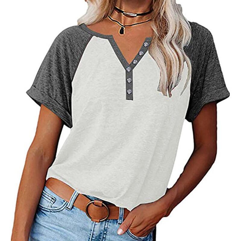 Womens TShirt Women Summer Fashion VNeck Stitching Top Short Sleeve Patchwork Color Button Casual Loose Comfortable Daily Tops 230419