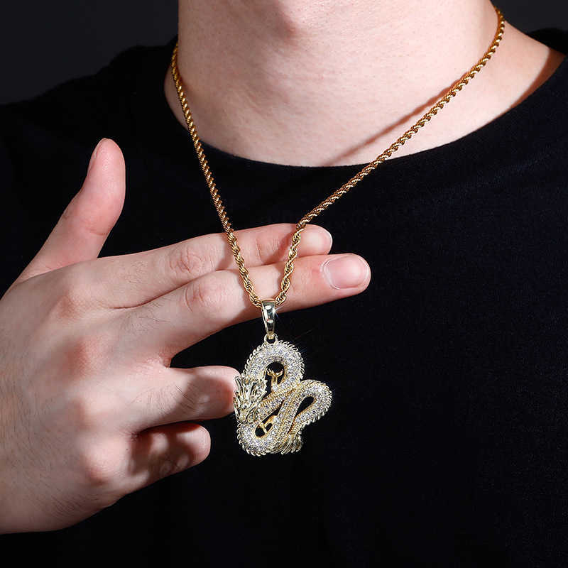 Wolf Tide Jewelry Chinese Style True Dragon Pendant Necklace Full Cubic Zirconia Animal Iced Out Real Gold Electroplated Personalized Hip Hop Necklace