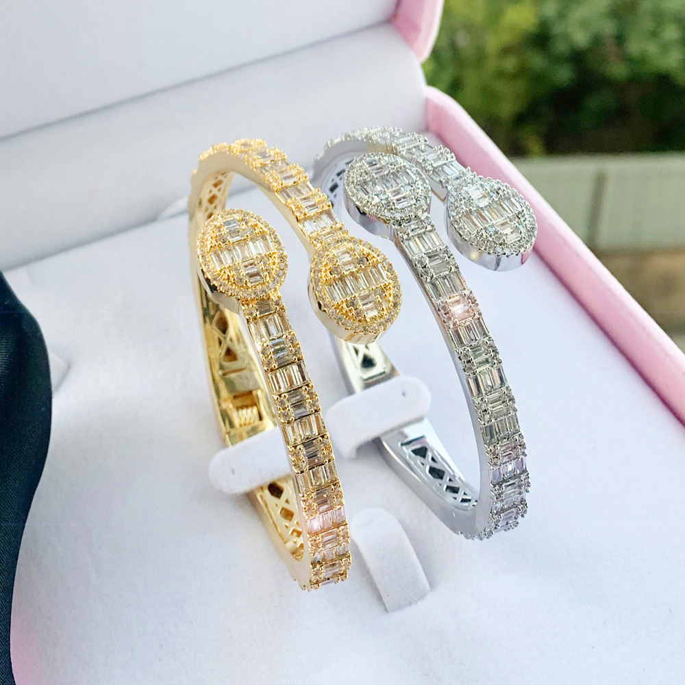 fashion Sparking CZ Custom Opened Oval Charm Bangle Bracelet Iced Out Silver gold Color Luxury Jewelry for Women Men wholesale