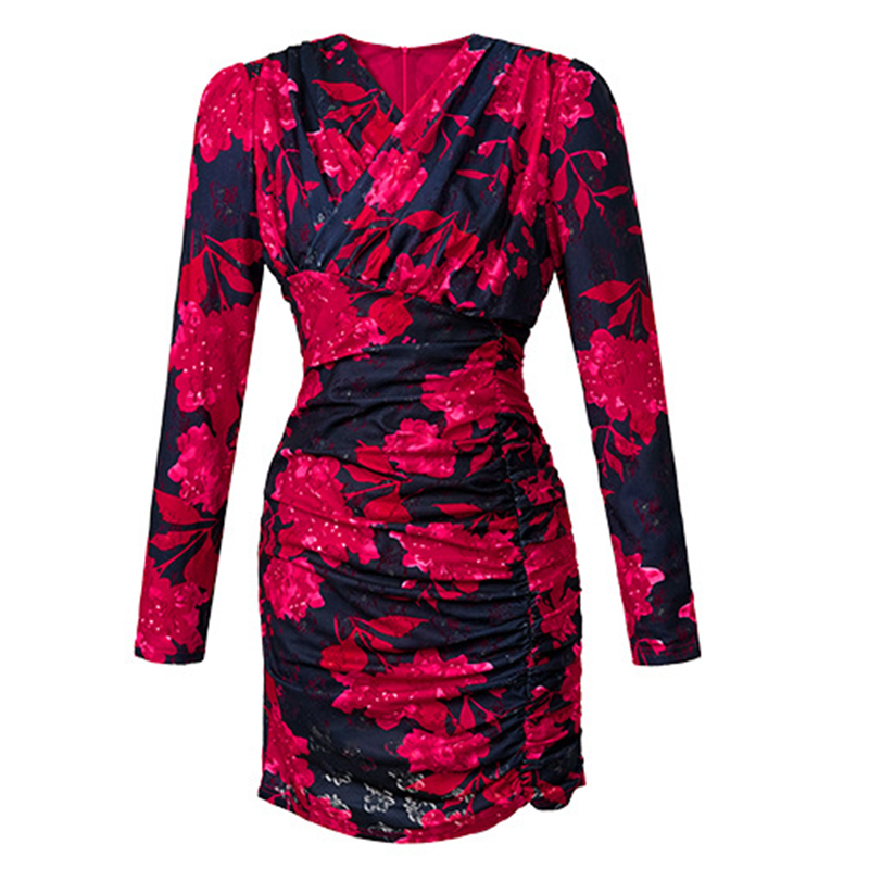 Casual Dresses Womens Fashion French Retro Mini Dress Woman Print Elastic Long Sleeve Pleated Wrap Hip Short Gown Bottom Bodycon Party Vestido