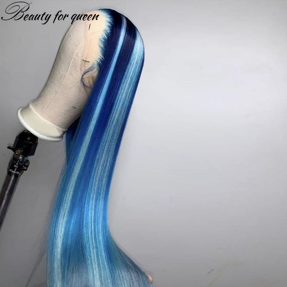 Long Soft Blue Lace Front Human Hair Wigs For Women Straight HD Transparent Lace Frontal Wig Synthetic Front Lace Wig PrePlucked