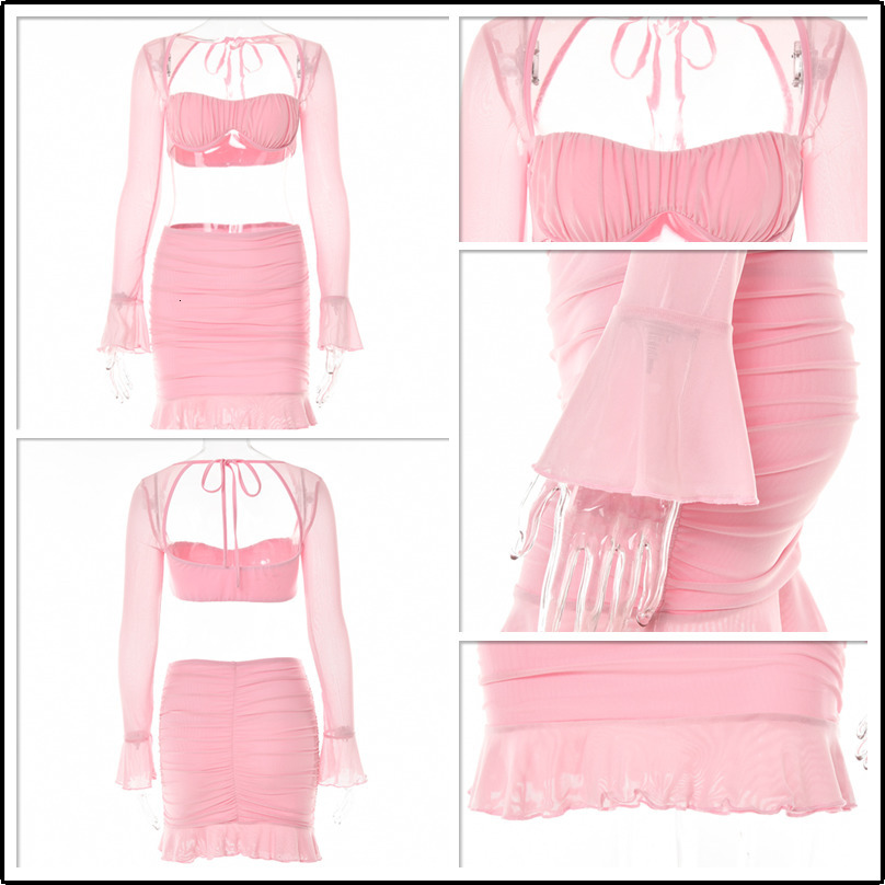 Two Piece Dress Townlike Pleated Sexy 2 s Set Women Mesh Long Sleeve Crop Top And Mini Skirts Slim Autumn Winter Outfits 230419