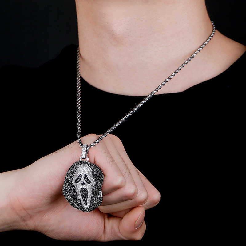 Ghost Skull Personalized Hip Hop Pendant Necklace Full Cz Stone Cubic Zircon Large Skeleton Charm Jewelry Accessories 14k Real Gold Placed Hip Hop Col