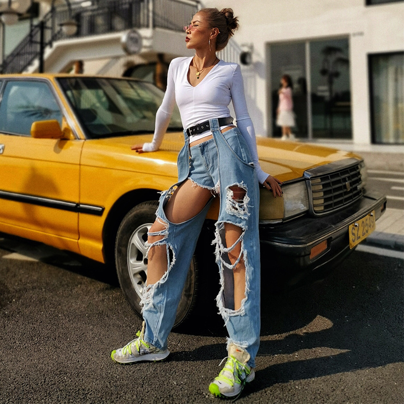 Women's Jeans GIGIYW Harajuku Style Personalized Belt Leggings Broken Beggar Hole High Waist Twopiece Street Jean Autumn 230419
