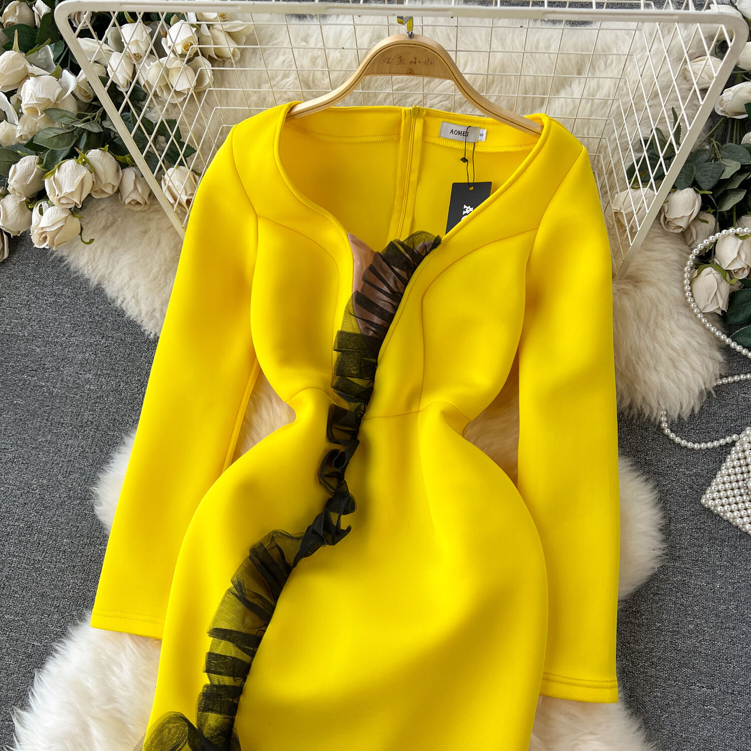 Basic Casual Dresses Elegant Women's Dress Contrast Color Mesh Ruffles Patchwork High Waist A-line Dresses Winter Spring 2024 New