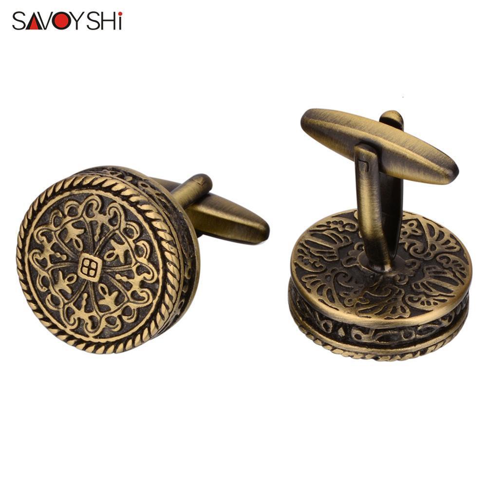 Cuff Links SAVOYSHI High Quality Shirt Cufflinks for Men Round Bronze Vintage Pattern Metal Cuff links Gift Free Enagraving Name 230419