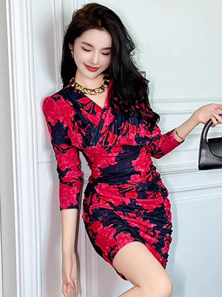 Casual Dresses Womens Fashion French Retro Mini Dress Woman Print Elastic Long Sleeve Pleated Wrap Hip Short Gown Bottom Bodycon Party Vestido
