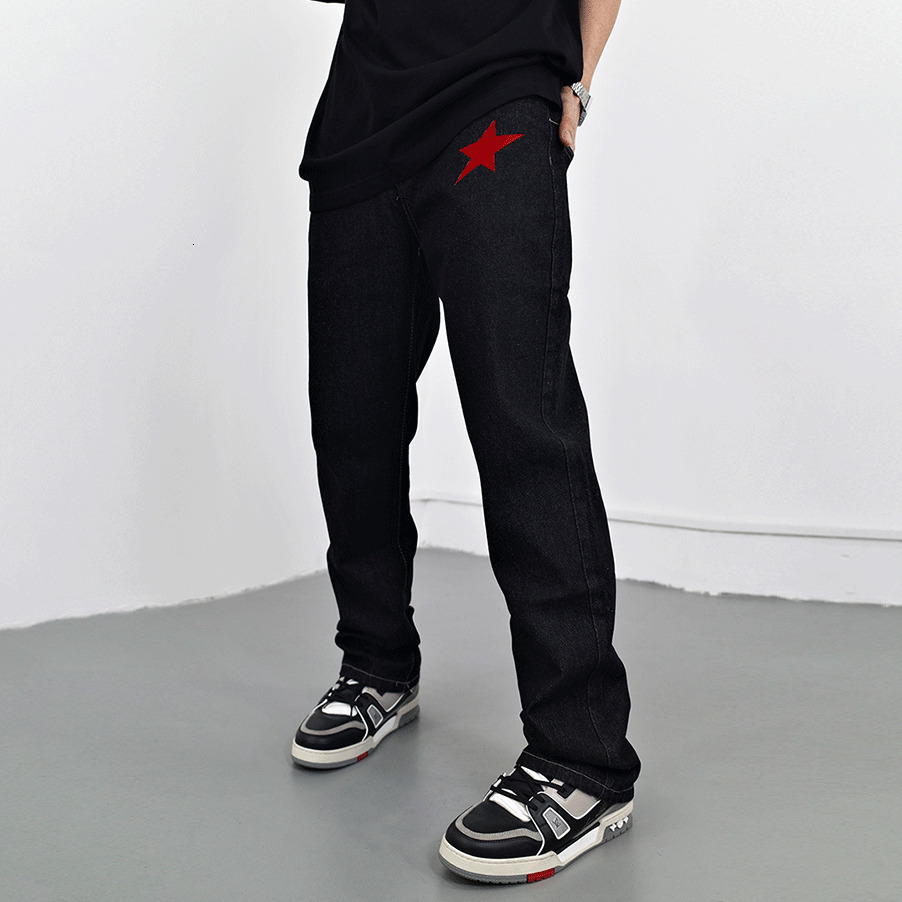 Mens Jeans Spring Retro Ripped Stars Letter Embroidery Black Casual Straight Pockets Washed Streetwear Denim Trousers 230419