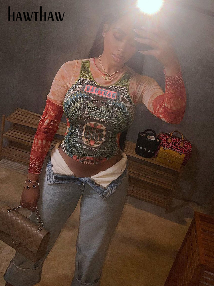 Womens TShirt Hawthaw Women Long Sleeve Graphic Mesh See Through Streetwear T Shirts Tops Tee Autumn Clothes Wholesale Items For Business 230419