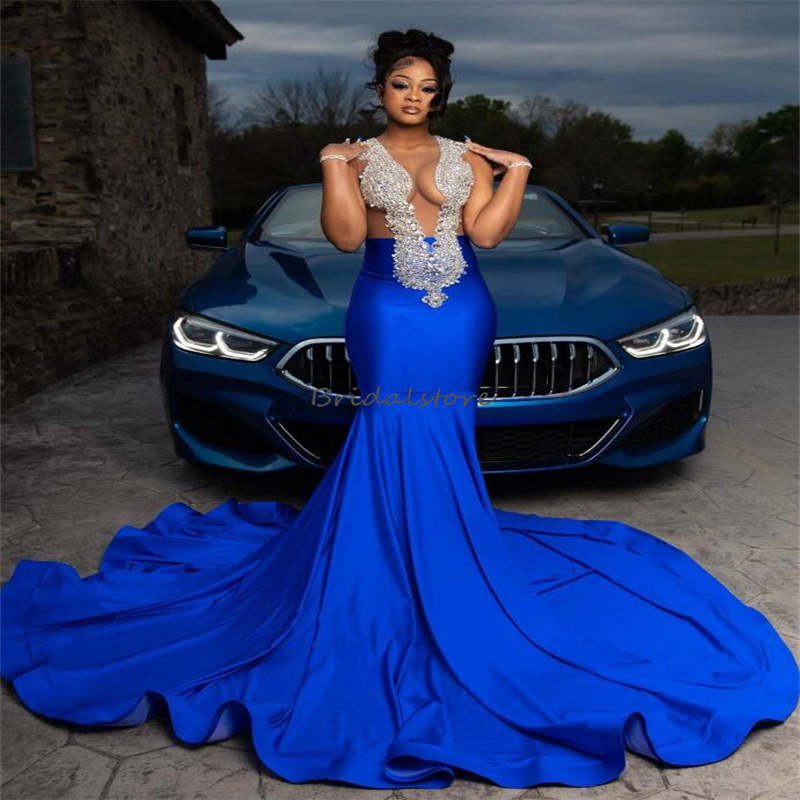 Black Girls Royal Blue Prom Dress Large Size With Crystal Aso Ebi Mermaid Satin Evening Gowns 2023 Elegant Birthday Women Trend robe de soiree Formal 